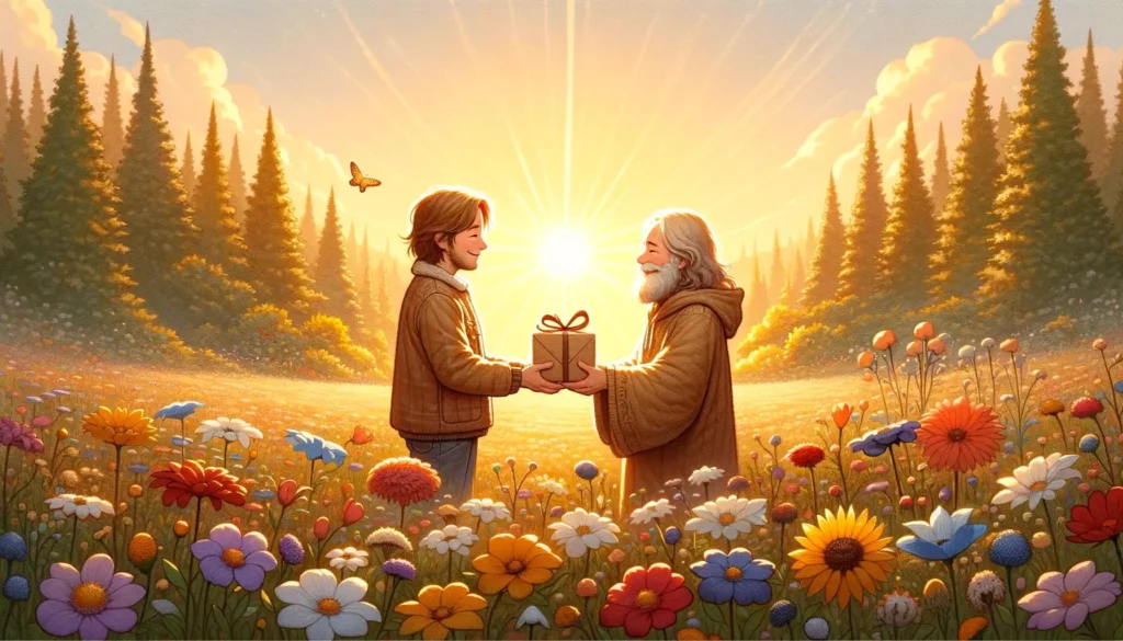 A heartwarming illustration depicting the theme of gratitude. The scene includes a warm, sunlit meadow with a variety of flowers blooming vibrantly. I