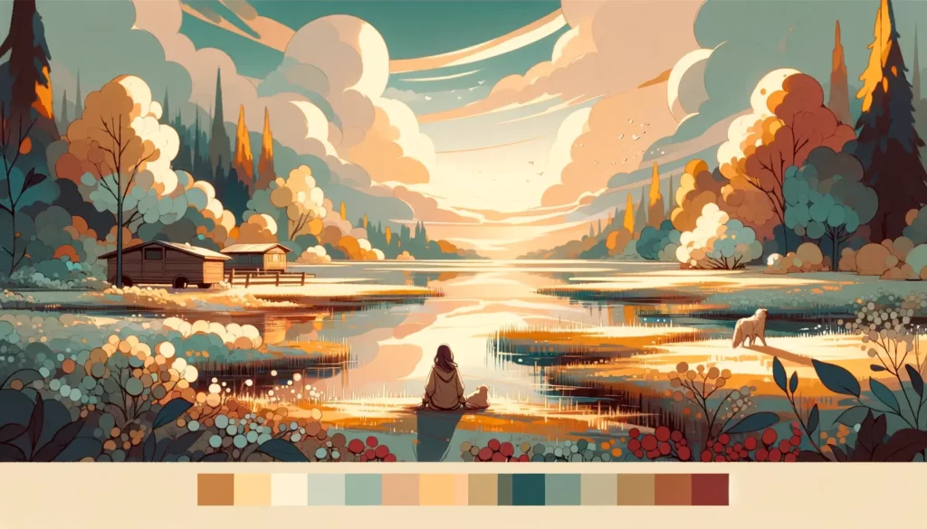 A heartwarming illustration that encompasses the beauty created by emotions. The scene should depict a serene and simplistic landscape, where nature a
