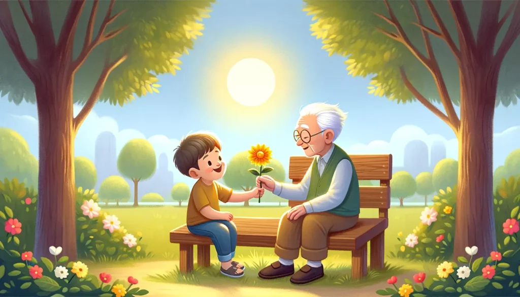 A heartwarming illustration that encompasses the themes of kindness and gratitude. Picture a sunny day in a serene park, where a young child is gently