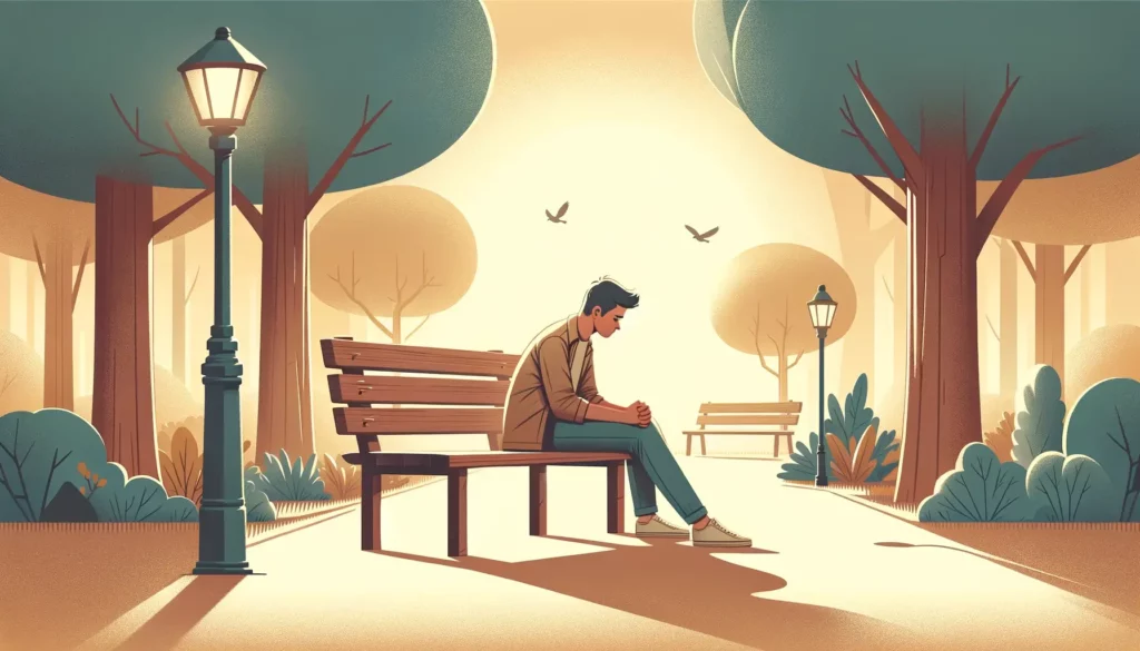 A person sitting alone on a park bench, looking down with a thoughtful expression, surrounded by a warm and inviting atmosphere. The park is peaceful,