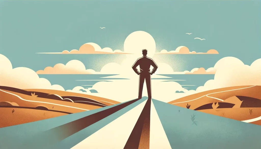 A person standing confidently on top of a hill, looking towards a vast horizon under a bright sky. The person is depicted in a relaxed, yet assured po