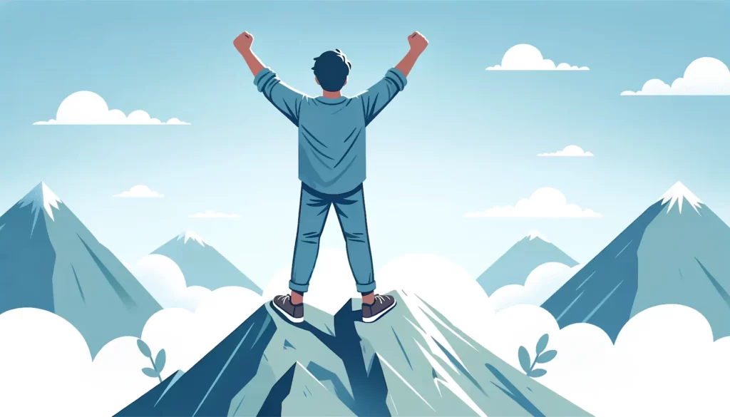 A person standing on the peak of a mountain, arms raised high in victory, with a wide, confident smile on their face. The sky is clear and blue, symbo