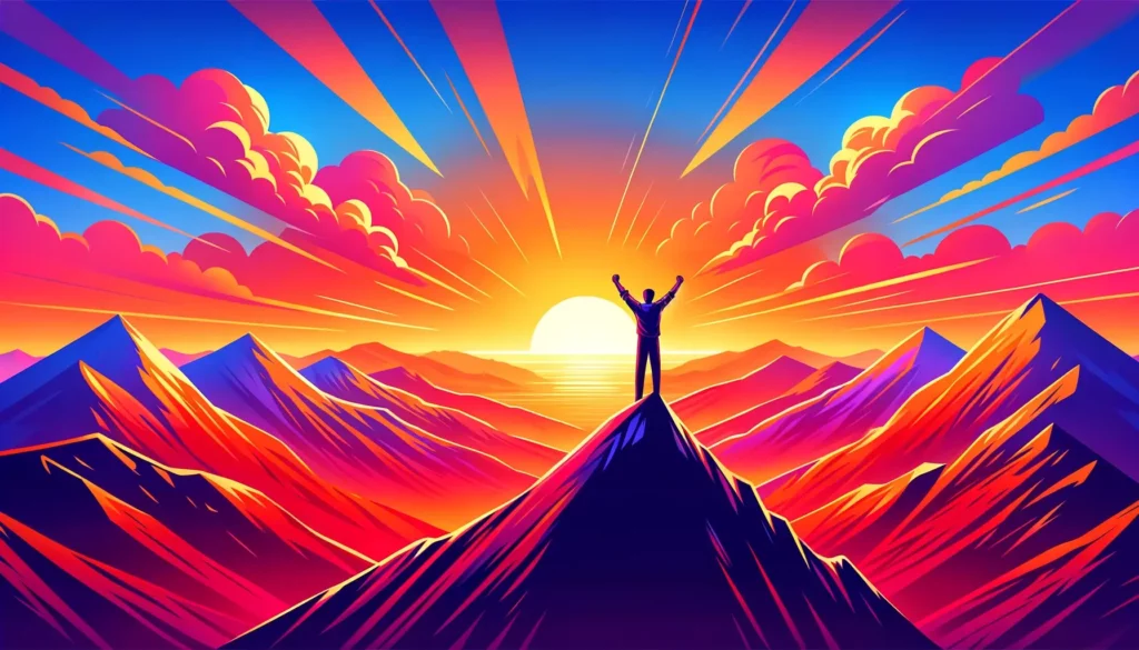 A vibrant and inspiring illustration that conveys the theme of overcoming inferiority. The image features a person standing on the peak of a mountain