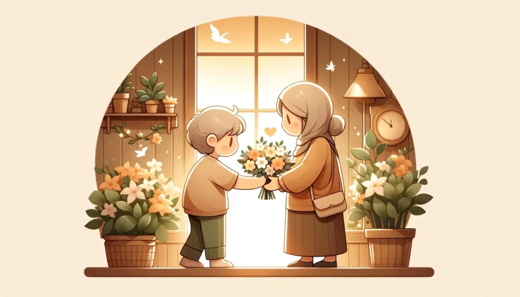 A warm and friendly illustration that embodies the concepts of kindness and gratitude, featuring a scene where a character is gently offering a bouque