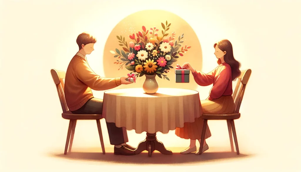 A warm and inviting illustration that embodies the concept of gratitude. The scene includes a small, round table in the center of the image, adorned w