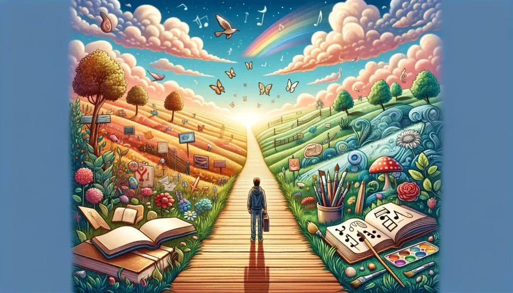 An illustration that captures the essence of overcoming envy and jealousy through self-discovery and creativity. The scene depicts a person standing a