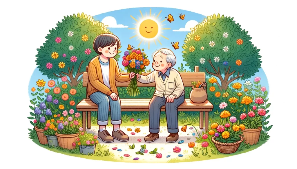 An illustration that embodies the themes of kindness and gratitude. The scene is set in a sunny, lush garden with a variety of flowers blooming. In th