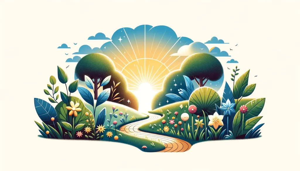 An illustration that symbolizes personal growth and emotional management in a positive and friendly manner. The image should depict a serene and uplif