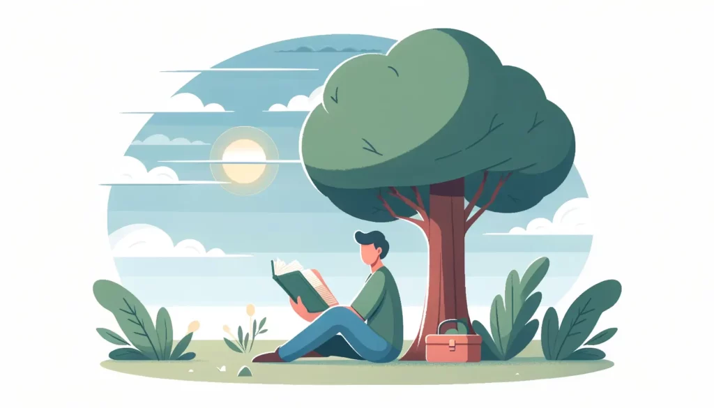 An image depicting a person sitting under a tree, holding an open book on their lap. The scene is peaceful and serene, symbolizing a moment of reflect